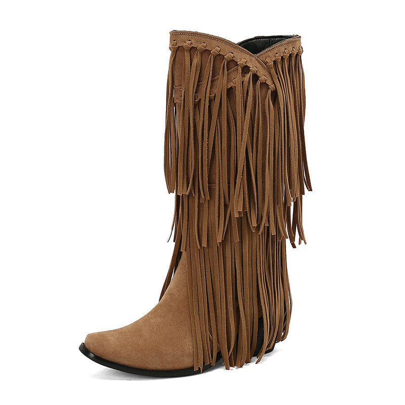 Women's High Boots Autumn And Winter Suede High Heel Tassel Boots Below The Knee