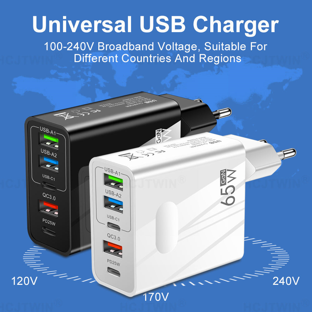 3.1A standard 65W fast charging mobile phone charger type-c PD+3USB multi port travel charging head