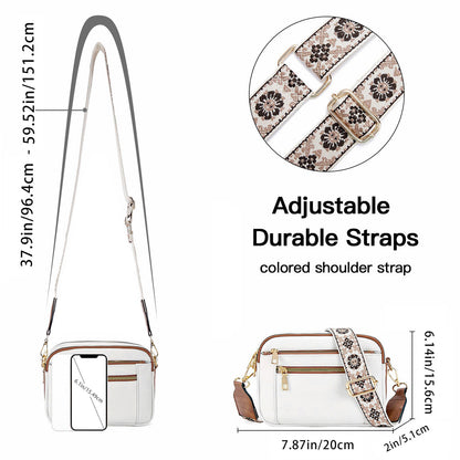 Triple-zipper Shoulder Bag With Floral Embroidered Straps Fashion Colorblock Multi-functional Crossbody Bags For Women