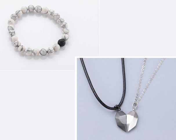 Attractive Wishing Stone Couple Pendant Necklace Ancient Love Token Heart-shaped Electrocardiogram Magnetic Heart Pendant Splicing Necklace Valentine's Day Gift