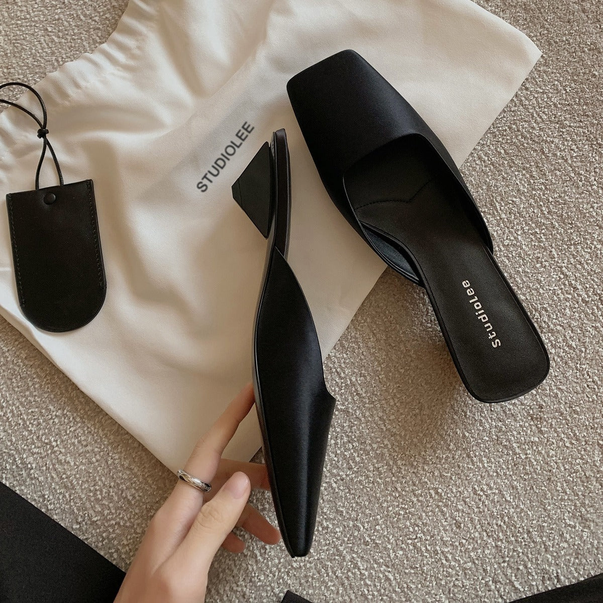 French Style Square Toe Low-cut Silk Satin Triangle Heel Muller Sandals