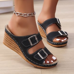 Women's Outer Wedge Belt Buckle Beach Slippers