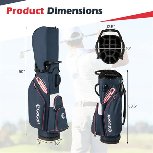 14-Way Golf Cart Bag - 6 Zippered Pockets+Cooler Pocket, Waterproof Zippers, Navy + Red